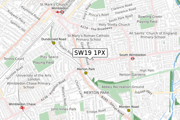 SW19 1PX map - small scale - OS Open Zoomstack (Ordnance Survey)