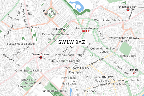 SW1W 9AZ map - small scale - OS Open Zoomstack (Ordnance Survey)