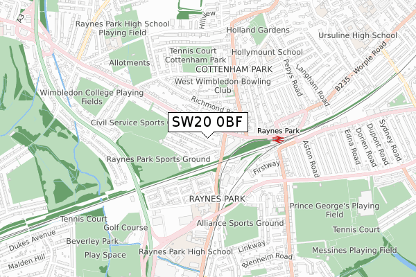 SW20 0BF map - small scale - OS Open Zoomstack (Ordnance Survey)