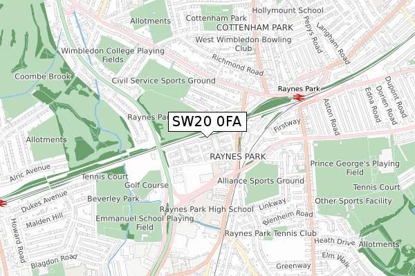 SW20 0FA map - small scale - OS Open Zoomstack (Ordnance Survey)