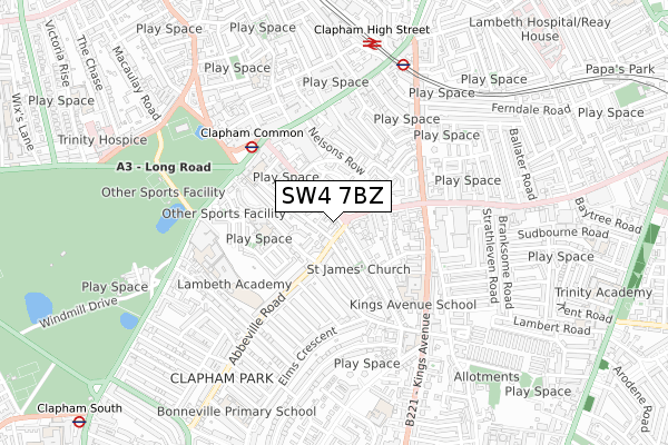 SW4 7BZ map - small scale - OS Open Zoomstack (Ordnance Survey)