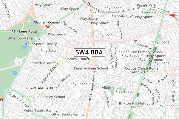 SW4 8BA map - small scale - OS Open Zoomstack (Ordnance Survey)