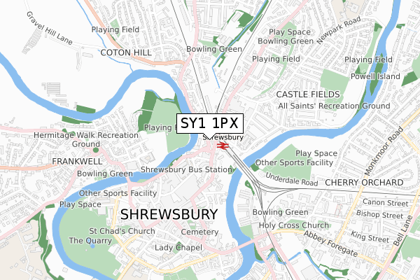 SY1 1PX map - small scale - OS Open Zoomstack (Ordnance Survey)