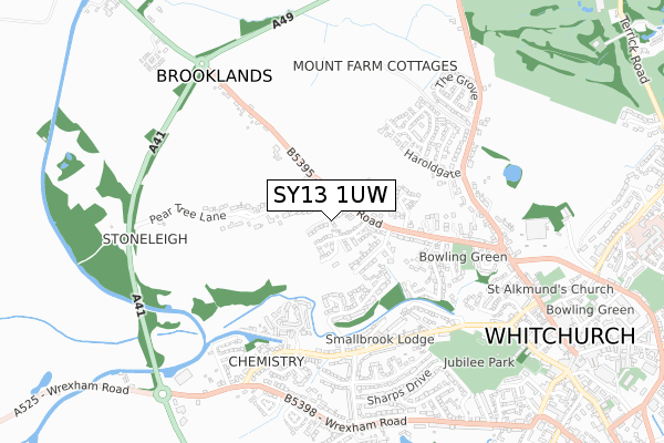 SY13 1UW map - small scale - OS Open Zoomstack (Ordnance Survey)