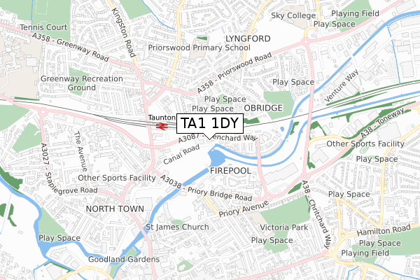 TA1 1DY map - small scale - OS Open Zoomstack (Ordnance Survey)