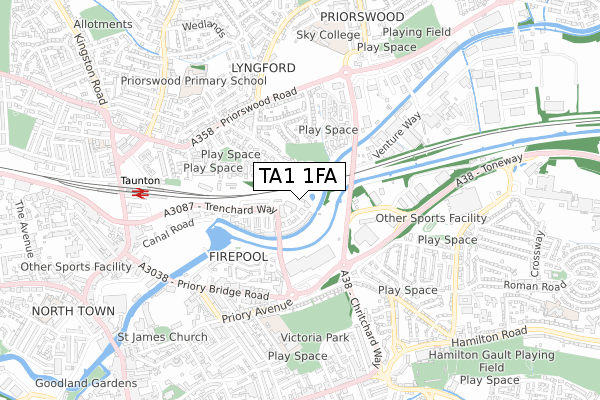 TA1 1FA map - small scale - OS Open Zoomstack (Ordnance Survey)