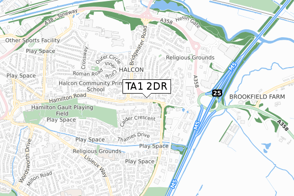 TA1 2DR map - small scale - OS Open Zoomstack (Ordnance Survey)