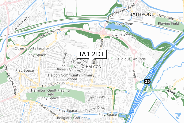 TA1 2DT map - small scale - OS Open Zoomstack (Ordnance Survey)