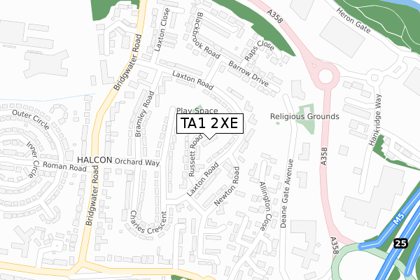 TA1 2XE map - large scale - OS Open Zoomstack (Ordnance Survey)