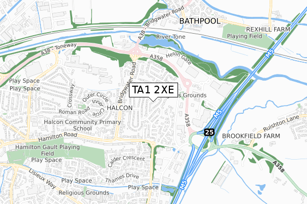 TA1 2XE map - small scale - OS Open Zoomstack (Ordnance Survey)