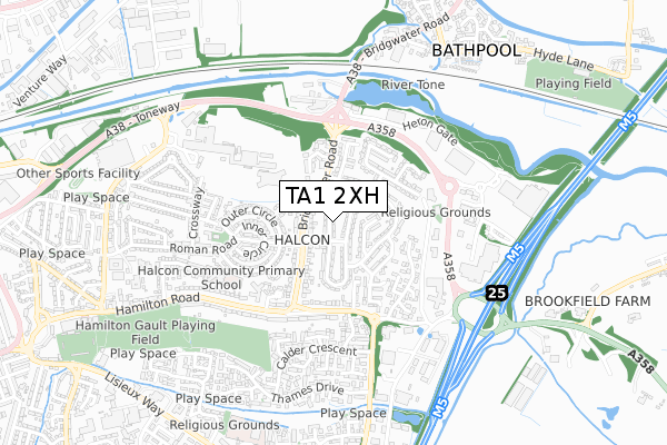 TA1 2XH map - small scale - OS Open Zoomstack (Ordnance Survey)