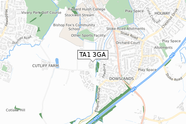 TA1 3GA map - small scale - OS Open Zoomstack (Ordnance Survey)