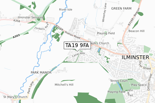 TA19 9FA map - small scale - OS Open Zoomstack (Ordnance Survey)
