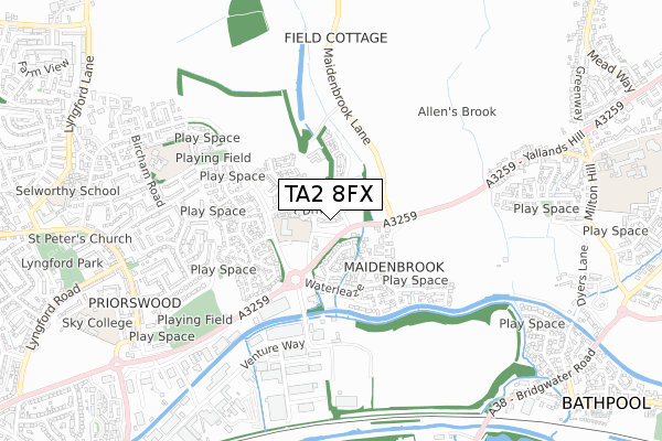 TA2 8FX map - small scale - OS Open Zoomstack (Ordnance Survey)