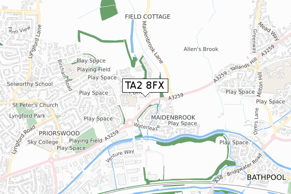 TA2 8FX map - small scale - OS Open Zoomstack (Ordnance Survey) TA2 8FX map - small scale - OS Open Zoomstack (Ordnance Survey)