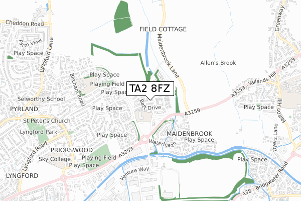 TA2 8FZ map - small scale - OS Open Zoomstack (Ordnance Survey) TA2 8FZ map - small scale - OS Open Zoomstack (Ordnance Survey)