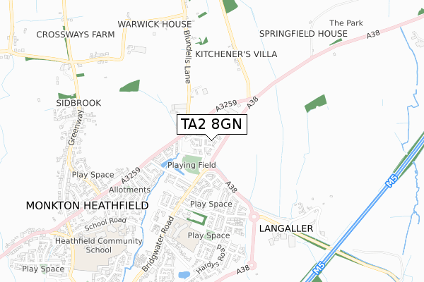 TA2 8GN map - small scale - OS Open Zoomstack (Ordnance Survey)