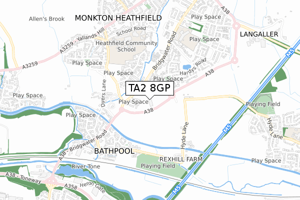 TA2 8GP map - small scale - OS Open Zoomstack (Ordnance Survey)