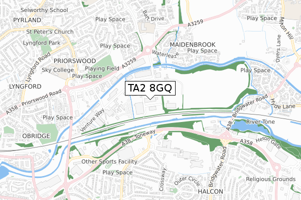 TA2 8GQ map - small scale - OS Open Zoomstack (Ordnance Survey)