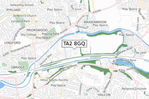 TA2 8GQ map - small scale - OS Open Zoomstack (Ordnance Survey) TA2 8GQ map - small scale - OS Open Zoomstack (Ordnance Survey)