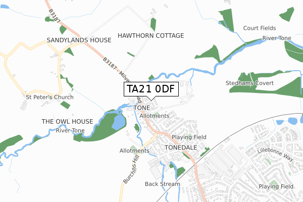 TA21 0DF map - small scale - OS Open Zoomstack (Ordnance Survey)