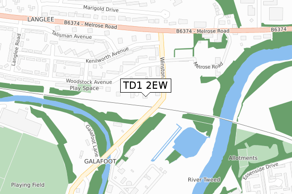 TD1 2EW map - large scale - OS Open Zoomstack (Ordnance Survey)