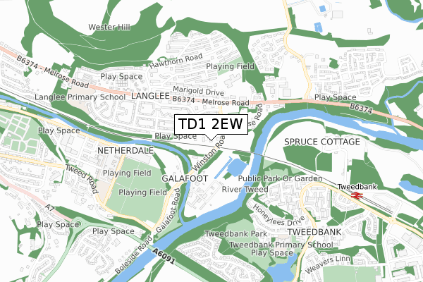 TD1 2EW map - small scale - OS Open Zoomstack (Ordnance Survey)