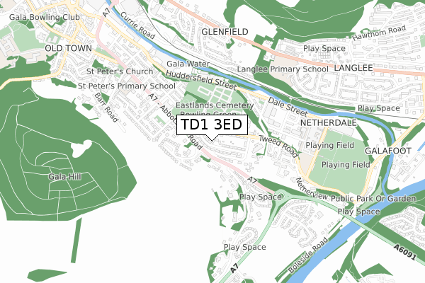 TD1 3ED map - small scale - OS Open Zoomstack (Ordnance Survey)
