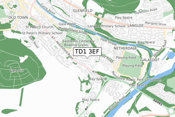TD1 3EF map - small scale - OS Open Zoomstack (Ordnance Survey)