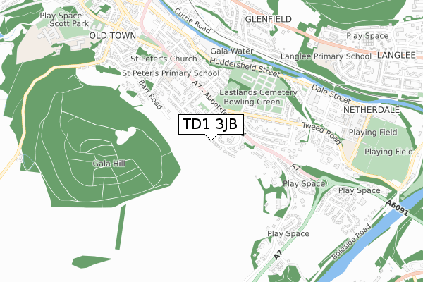 TD1 3JB map - small scale - OS Open Zoomstack (Ordnance Survey)