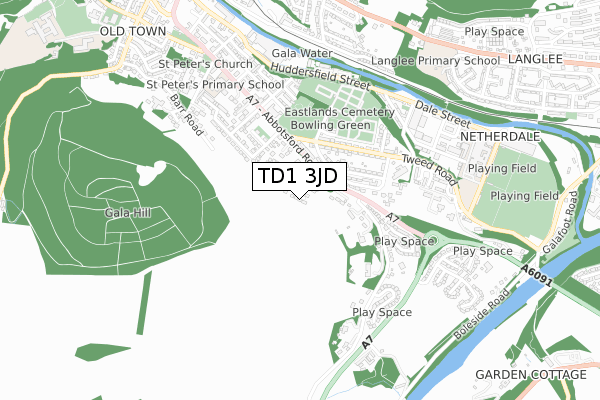 TD1 3JD map - small scale - OS Open Zoomstack (Ordnance Survey)