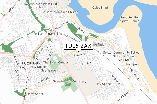 TD15 2AX map - small scale - OS Open Zoomstack (Ordnance Survey)