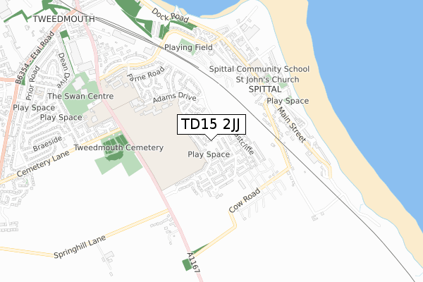 TD15 2JJ map - small scale - OS Open Zoomstack (Ordnance Survey)