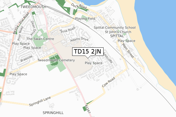 TD15 2JN map - small scale - OS Open Zoomstack (Ordnance Survey)