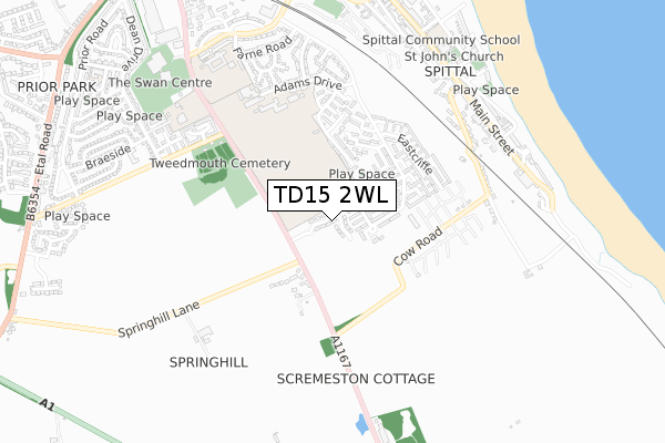 TD15 2WL map - small scale - OS Open Zoomstack (Ordnance Survey)