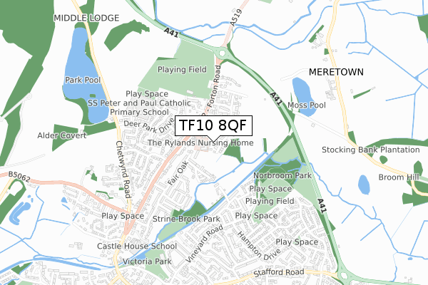 TF10 8QF map - small scale - OS Open Zoomstack (Ordnance Survey)