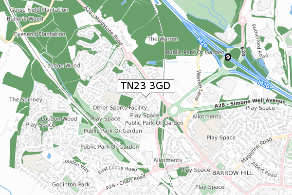 TN23 3GD map - small scale - OS Open Zoomstack (Ordnance Survey)