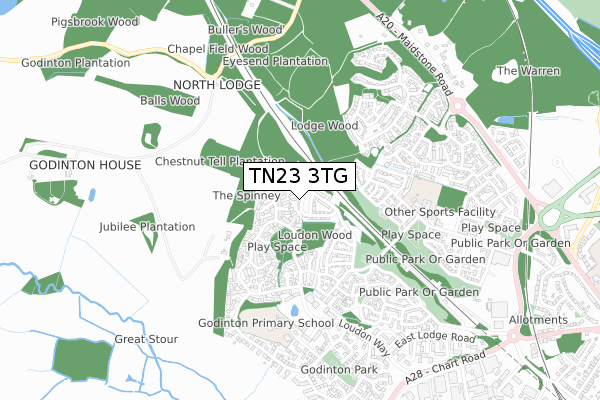 TN23 3TG map - small scale - OS Open Zoomstack (Ordnance Survey)