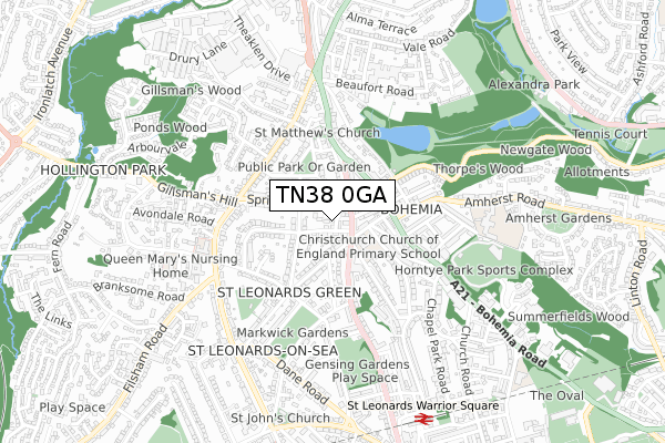 TN38 0GA map - small scale - OS Open Zoomstack (Ordnance Survey) TN38 0GA map - small scale - OS Open Zoomstack (Ordnance Survey)