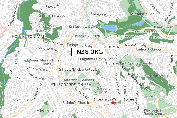 TN38 0RG map - small scale - OS Open Zoomstack (Ordnance Survey)