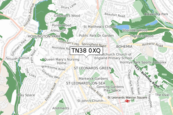 TN38 0XQ map - small scale - OS Open Zoomstack (Ordnance Survey)