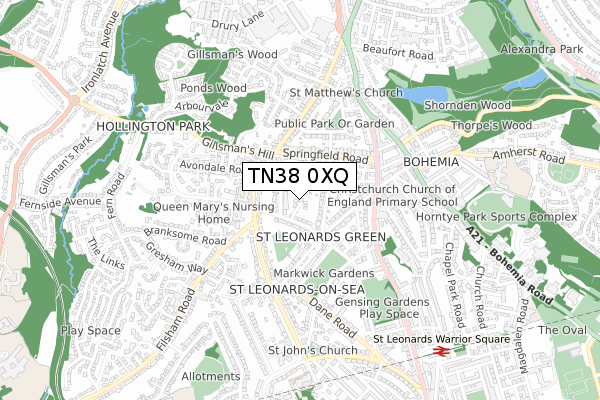 TN38 0XQ map - small scale - OS Open Zoomstack (Ordnance Survey) TN38 0XQ map - small scale - OS Open Zoomstack (Ordnance Survey)
