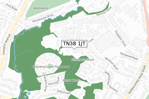 TN38 1JT map - large scale - OS Open Zoomstack (Ordnance Survey)