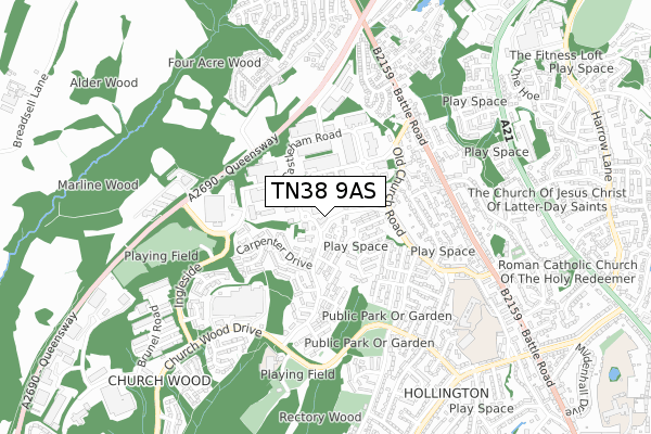 TN38 9AS map - small scale - OS Open Zoomstack (Ordnance Survey)
