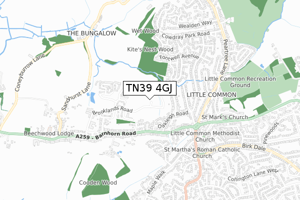 TN39 4GJ map - small scale - OS Open Zoomstack (Ordnance Survey)