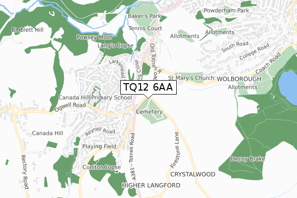 TQ12 6AA map - small scale - OS Open Zoomstack (Ordnance Survey)