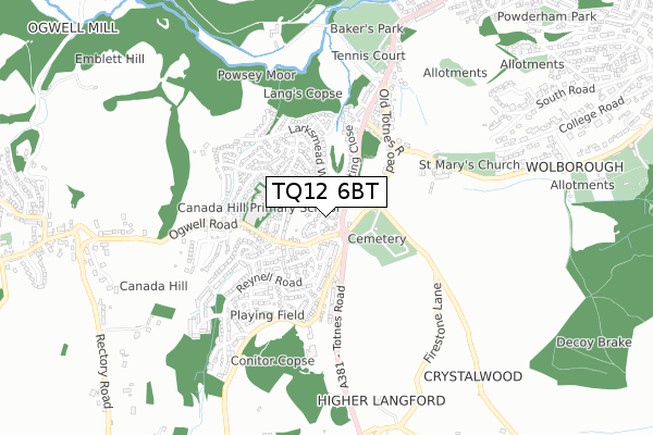 TQ12 6BT map - small scale - OS Open Zoomstack (Ordnance Survey)