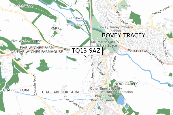 TQ13 9AZ map - small scale - OS Open Zoomstack (Ordnance Survey)