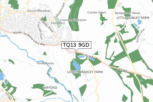 TQ13 9GD map - small scale - OS Open Zoomstack (Ordnance Survey)