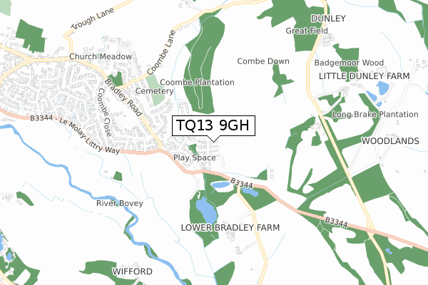 TQ13 9GH map - small scale - OS Open Zoomstack (Ordnance Survey)